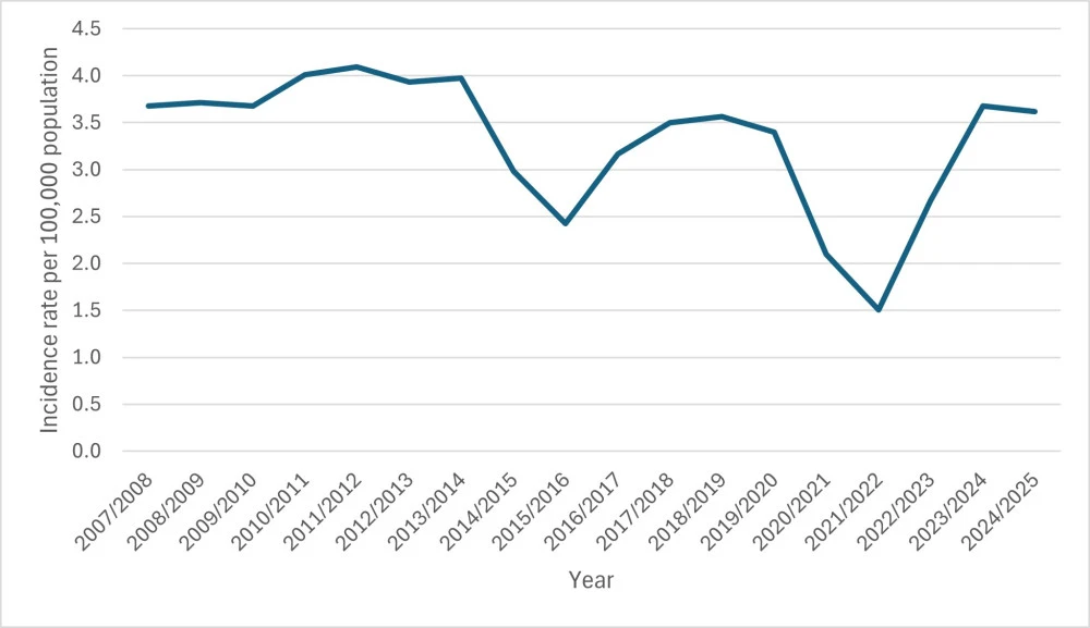 Line graph showing fluctuations in first episode hospitalisations for rheumatic fever between 2007 and 2025.